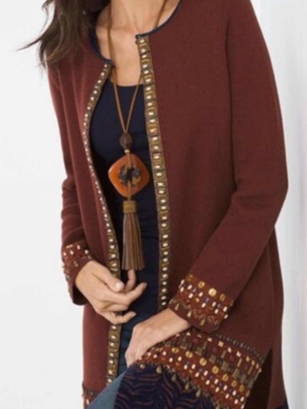 Chico's Rust Brown and Navy Embellished Long Cardigan size 3